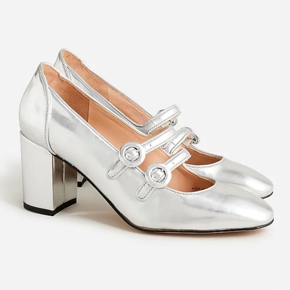 J. Crew Maisie double-strap heels in metallic leather BV726 5.5 silver - Picture 1 of 8